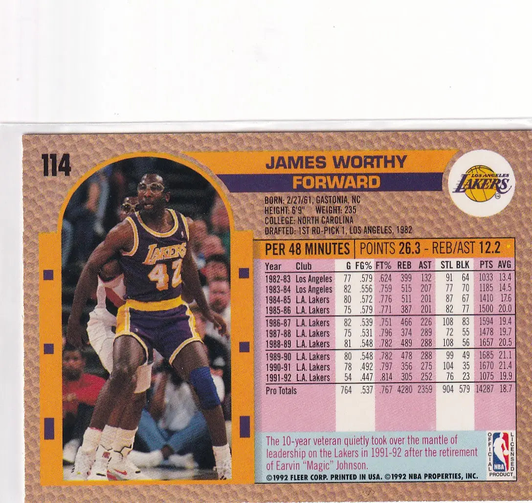 1992 FLEER #114 JAMES WORTHY- LOS ANGELES LAKERS - Basketball Card Single