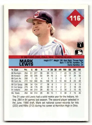 1992 Fleer #116 Mark Lewis Cleveland Indians Baseball Cards EX/NM ID:56108 - Baseball Card Single