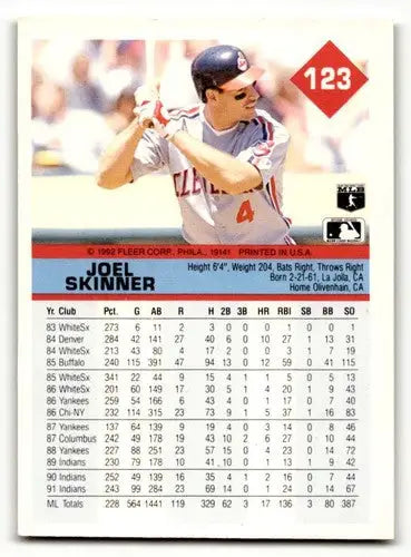 Joel Skinner Cleveland baseball card from 1992 Fleer #123 featuring Joel Skinner