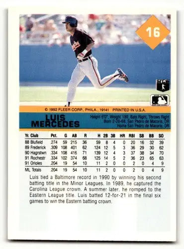 Original gloss Luis Mercedes Baltimore baseball card from 1992 Fleer #16 Mercedes Baltimore Orioles