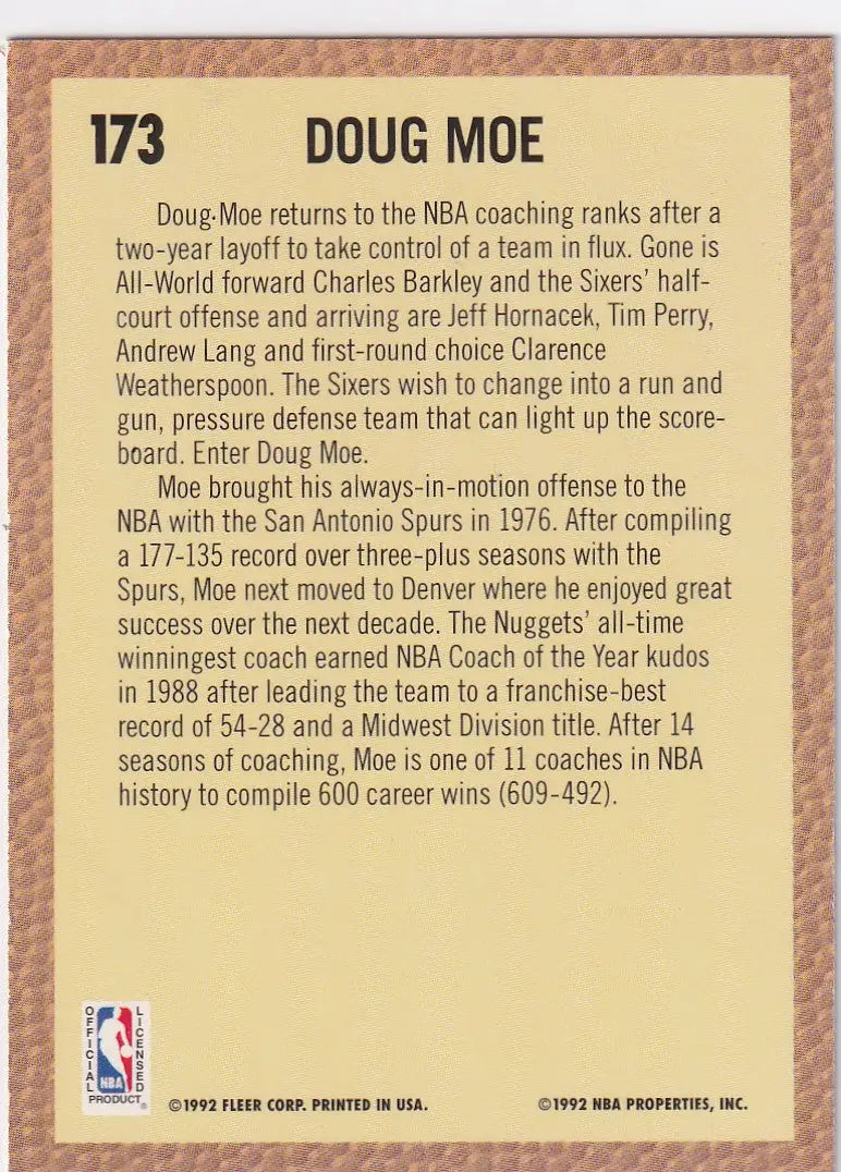 1992 FLEER #173 DOUG MOE COACH- PHILADELPHIA 76ERS - Basketball Card Single