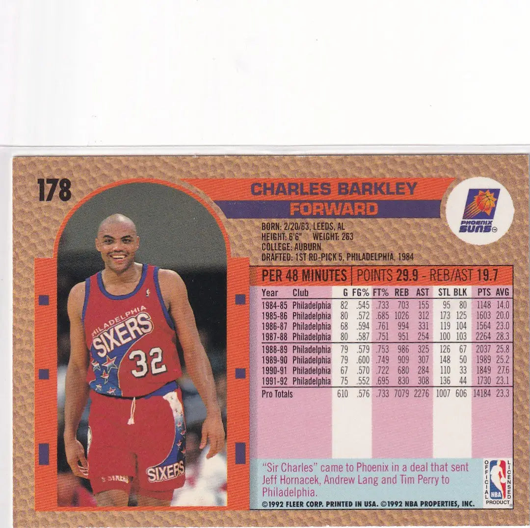 1992 FLEER #178 CHARLES BARKLEY- PHOENIX SUNS - Basketball Card Single