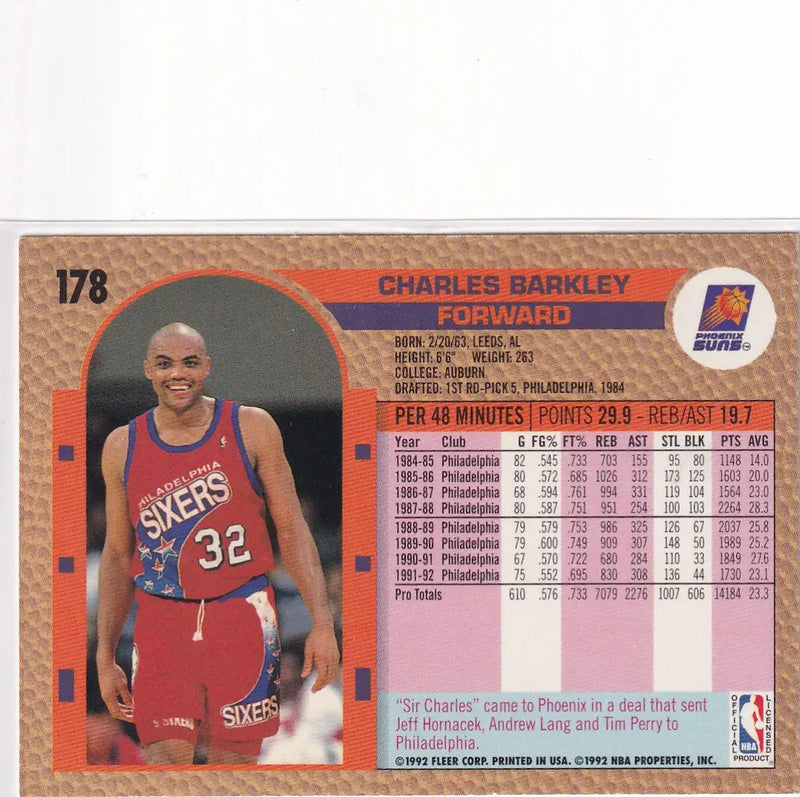 1992 FLEER #178 CHARLES BARKLEY- PHOENIX SUNS - Basketball Card Single