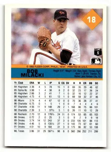 1992 Fleer #18 Bob Milacki Baltimore Orioles Baseball Cards NM Near ID:64411 - Baseball Card Single