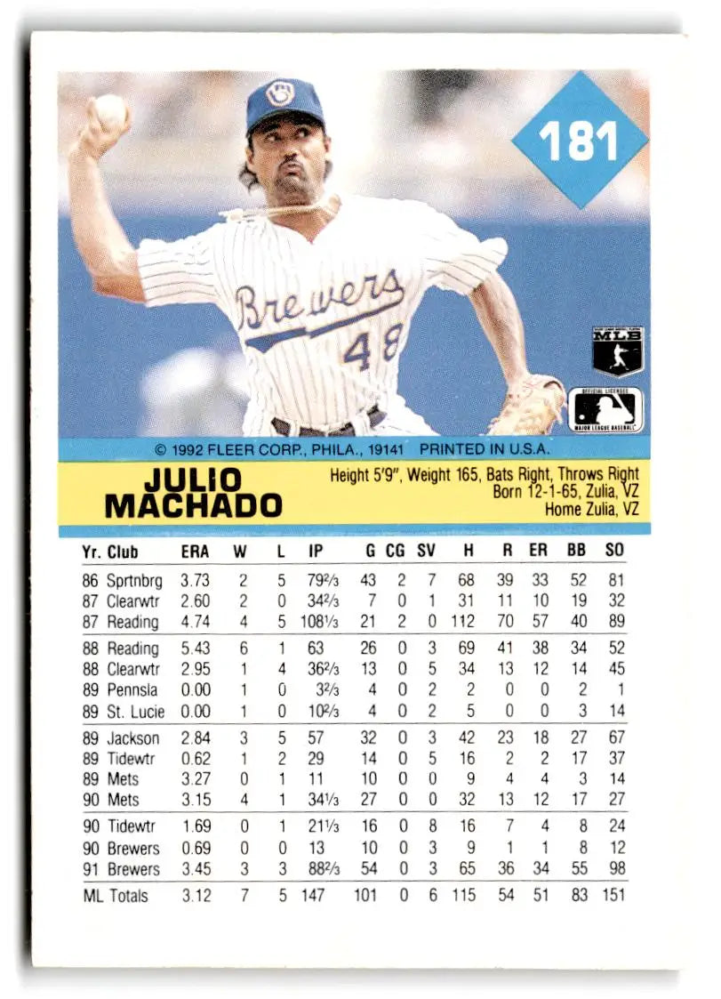 1992 Fleer #181 Julio Machado - Baseball Card Single
