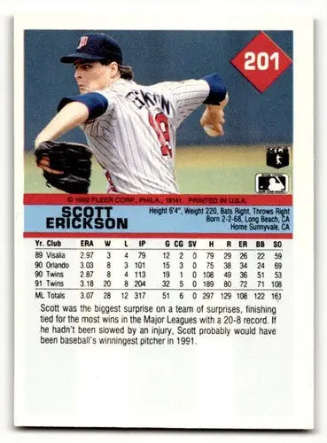 Scott Erickson Minnesota baseball card from 1992 Fleer #201 featuring Erickson Minnesota Twins