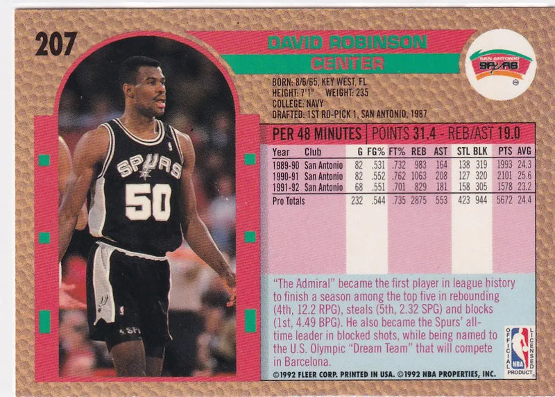 1992 FLEER #207 DAVID ROBINSON- SAN ANTONIO SPURS - Basketball Card Single