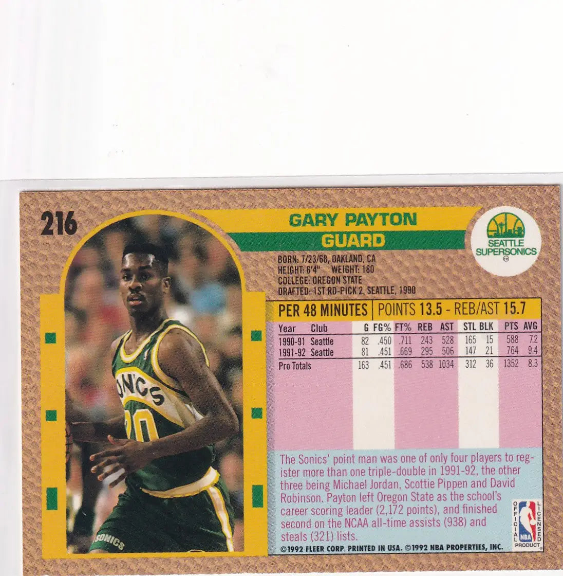 1992 FLEER #216 GARY PAYTON- SEATTLE SUPER SONICS - Basketball Card Single