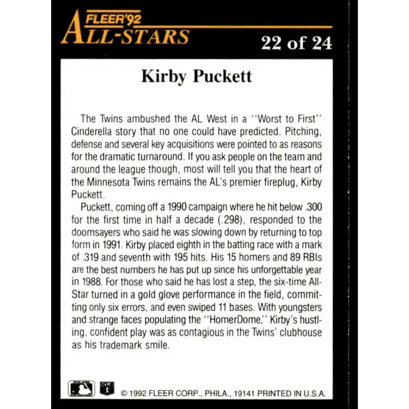 1992 Fleer #22 Kirby Puckett EX/NM Minnesota Twins Baseball Card - Baseball Card Single