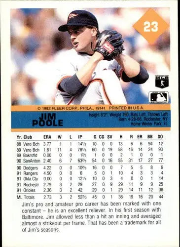 Baseball card back from 1992 Fleer #23 Jim Poole NM-MT Orioles with original gloss