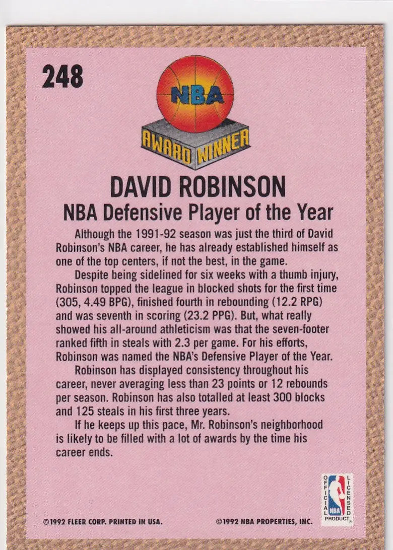 1992 FLEER #248 DAVID ROBINSON AWARD WINNER- SAN ANTONIO SPURS - Basketball Card Single