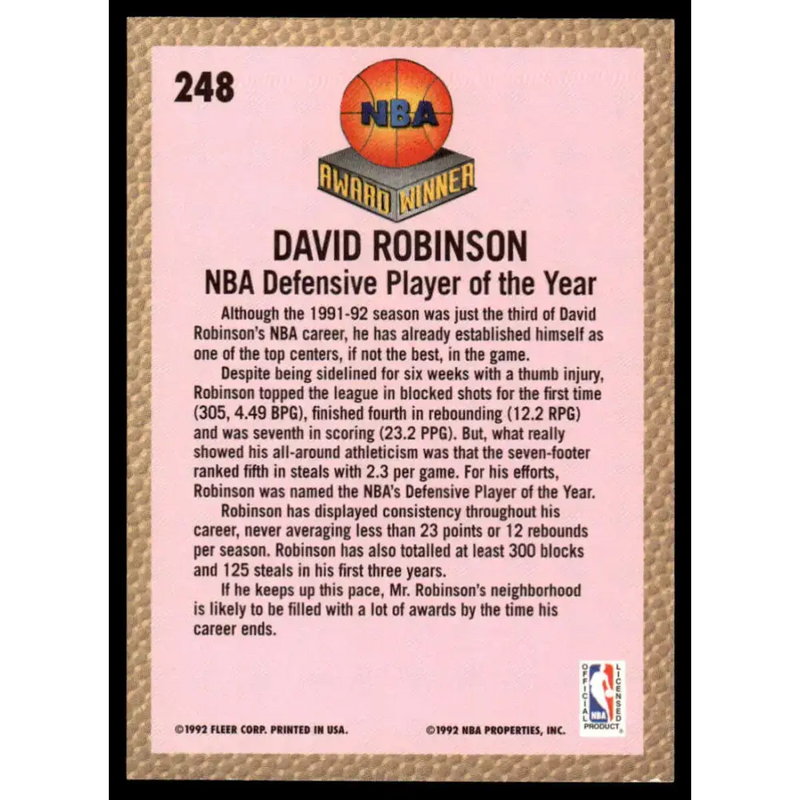 1992 Fleer #248 David Robinson NM/MT San Antonio Spurs Basketball Card - Basketball Card Single