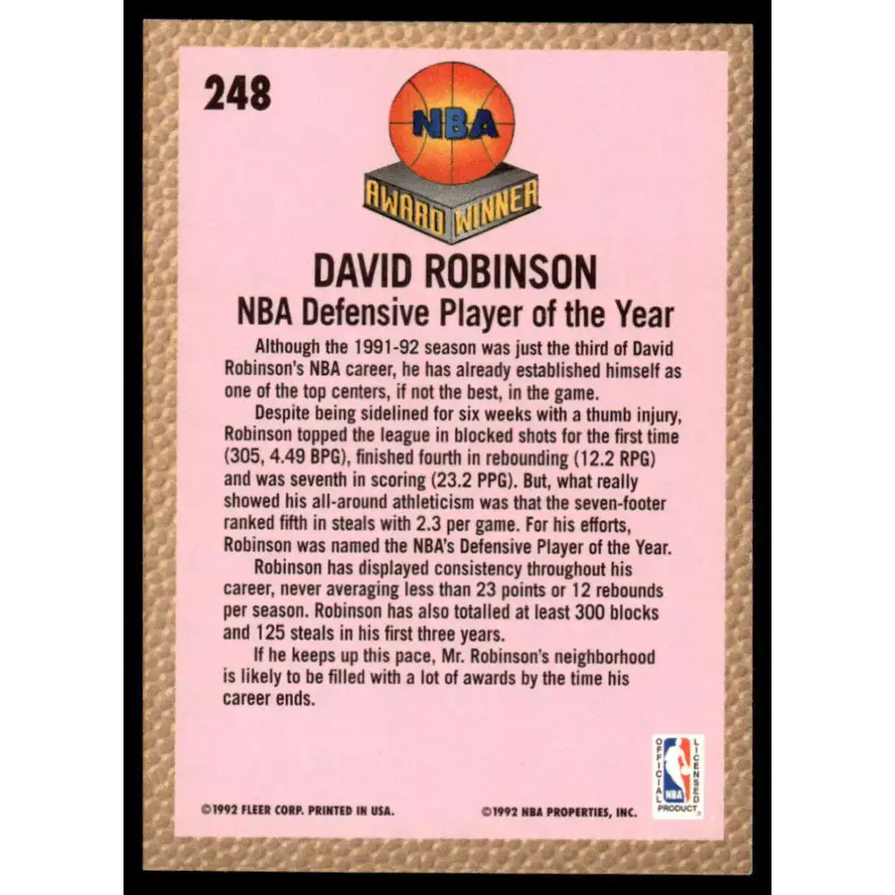1992 Fleer #248 David Robinson NM/MT San Antonio Spurs Basketball Card - Basketball Card Single