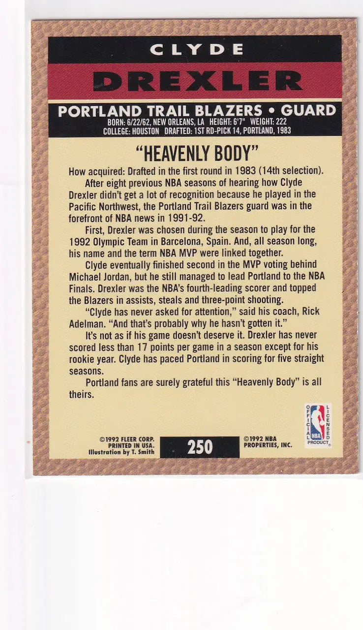 1992 FLEER #250 CLYDE DREXLER HEAVENLY- PORTLAND TRAIL BLAZZERS - Basketball Card Single