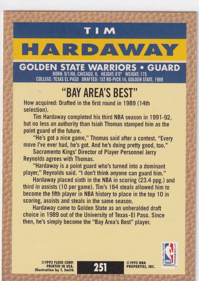 1992 FLEER #251 TIM HARDAWAY BAY AREAS BEST- GOLDEN STATE WARRIORS - Basketball Card Single