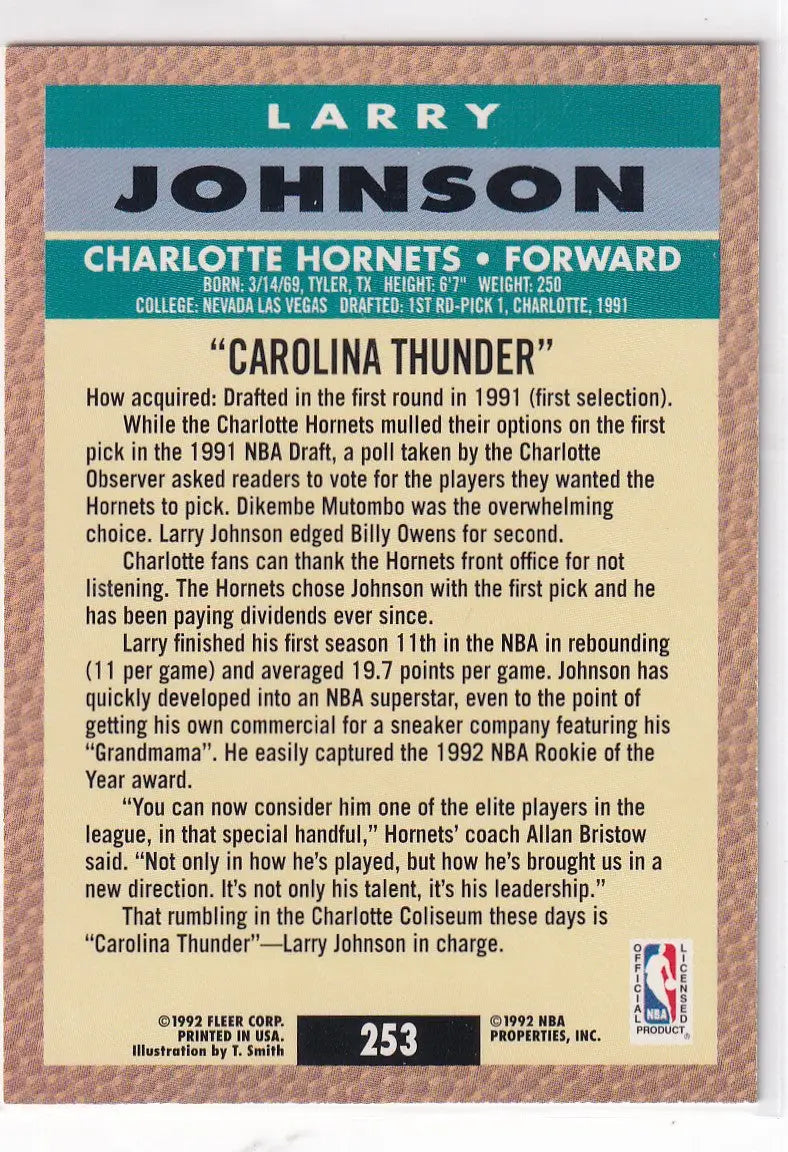 1992 FLEER #253 LARRY JOHNSON CAROLINA THUNDR- CHARLOTTE HORNETS - Basketball Card Single
