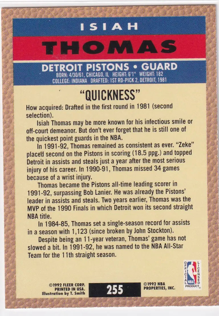 1992 FLEER #255 ISIAH THOMAS QUICKNESS USA- DETROIT PISTONS - Basketball Card Single