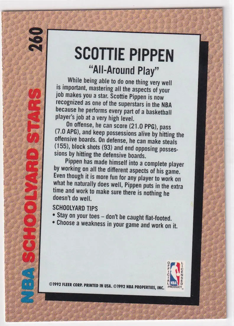 1992 FLEER #260 SCOTTIE PIPPEN SCHOOL YARD STARS- CHICAGO BULLS - Basketball Card Single