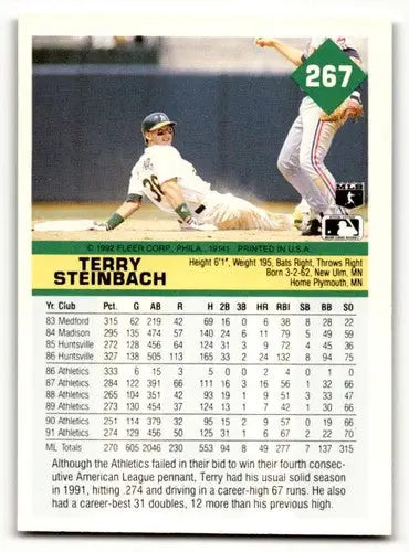 Original gloss baseball card featuring Terry Steinbach Oakland Athletics 1992 Fleer #267