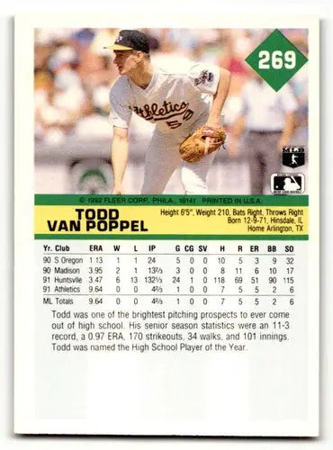 Original gloss Todd Van Poppel baseball card from 1992 Fleer #269 featuring Van Poppel Oakland Athletics