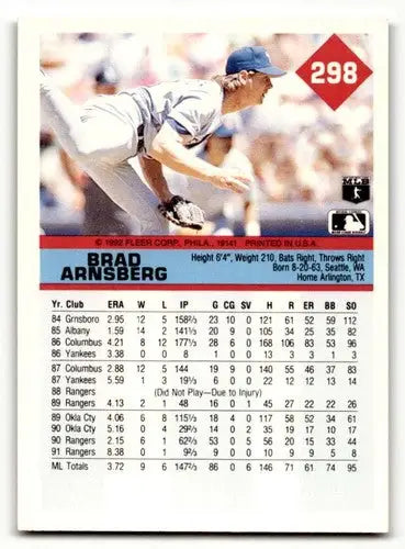 1992 Fleer #298 Brad Arnsberg Texas Rangers Baseball Cards NM Near M ID:56078 - Baseball Card Single