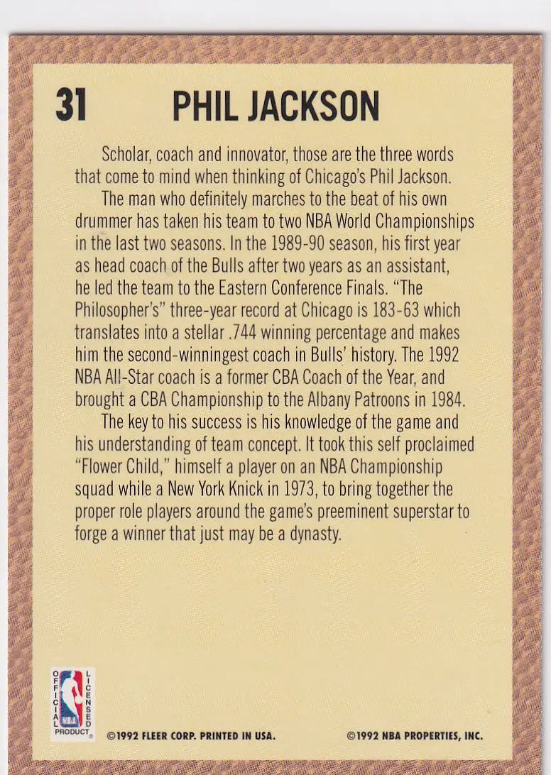 1992 FLEER #31 PHIL JACKSON- CHICAGO BULLS - Basketball Card Single