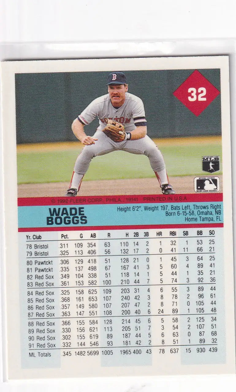 1992 FLEER #32 WADE BOGGS- BOSTON RED SOX - Baseball Card Single