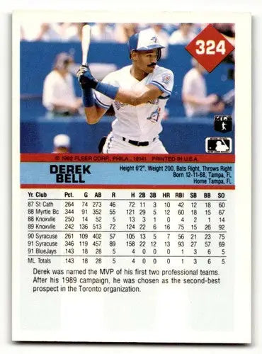 Original gloss Derek Bell Toronto baseball card from 1992 Fleer #324 Bell Toronto Blue Jays