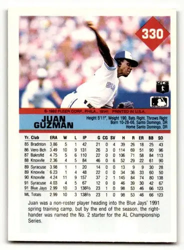 Original gloss 1992 Fleer Juan Guzman Toronto Blue Jays baseball card featuring Guzman Toronto Blue