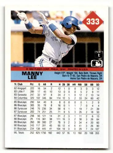 Manny Lee baseball card featuring Manuel Lee Toronto of Toronto Blue Jays in mint condition