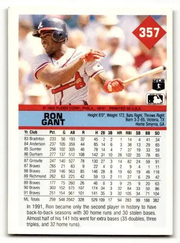 Ron Gant Atlanta Braves baseball card from 1992 Fleer #357 featuring Gant Atlanta Braves player