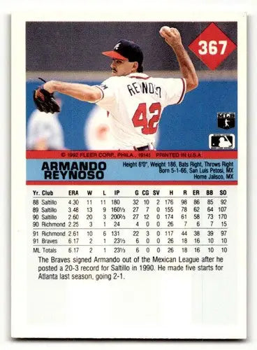 1992 Fleer #367 Armando Reynoso Atlanta Braves Baseball Cards EX/NM ID:56063 - Baseball Card Single