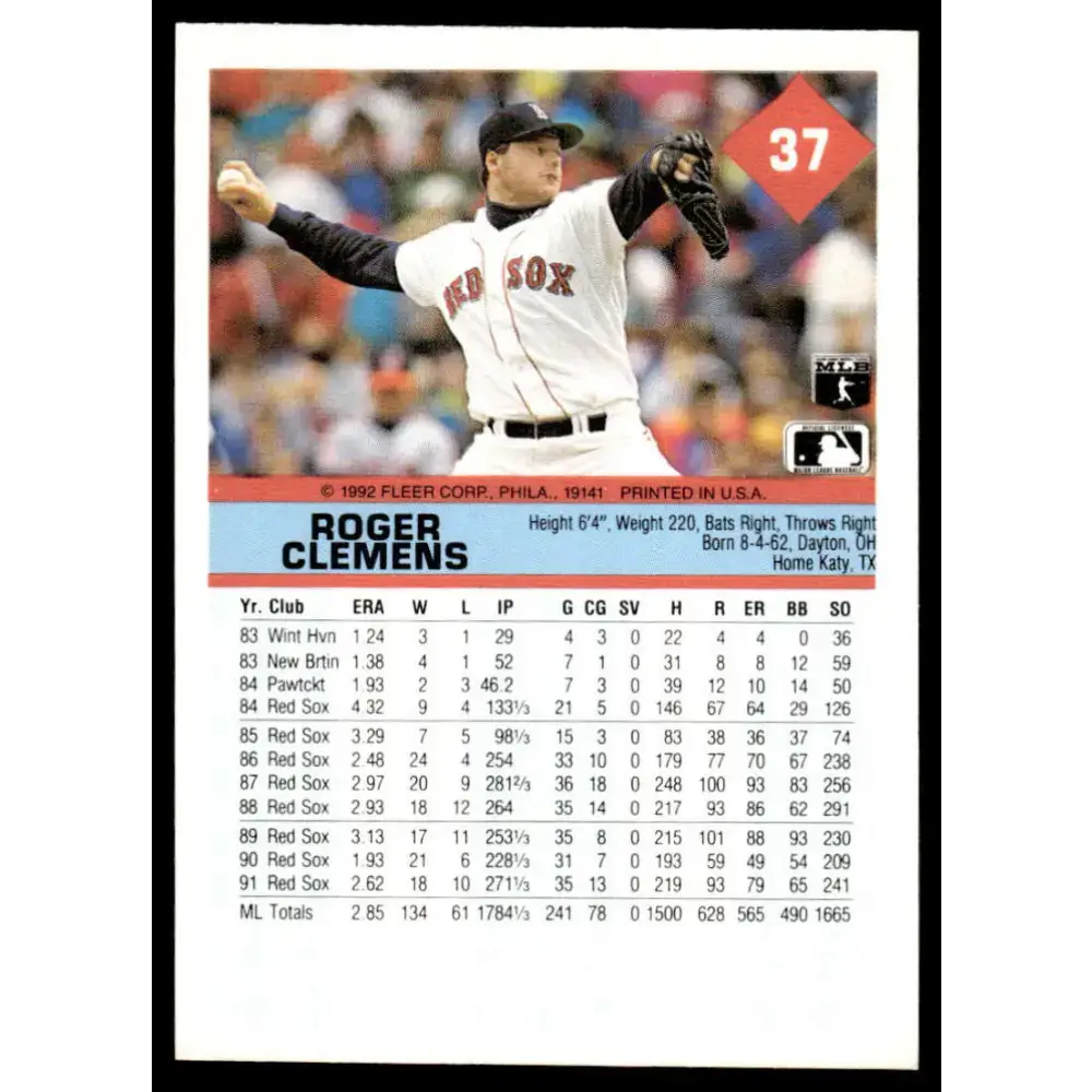 1992 Fleer #37 Roger Clemens EX/NM Boston Red Sox Baseball Card - Baseball Card Single