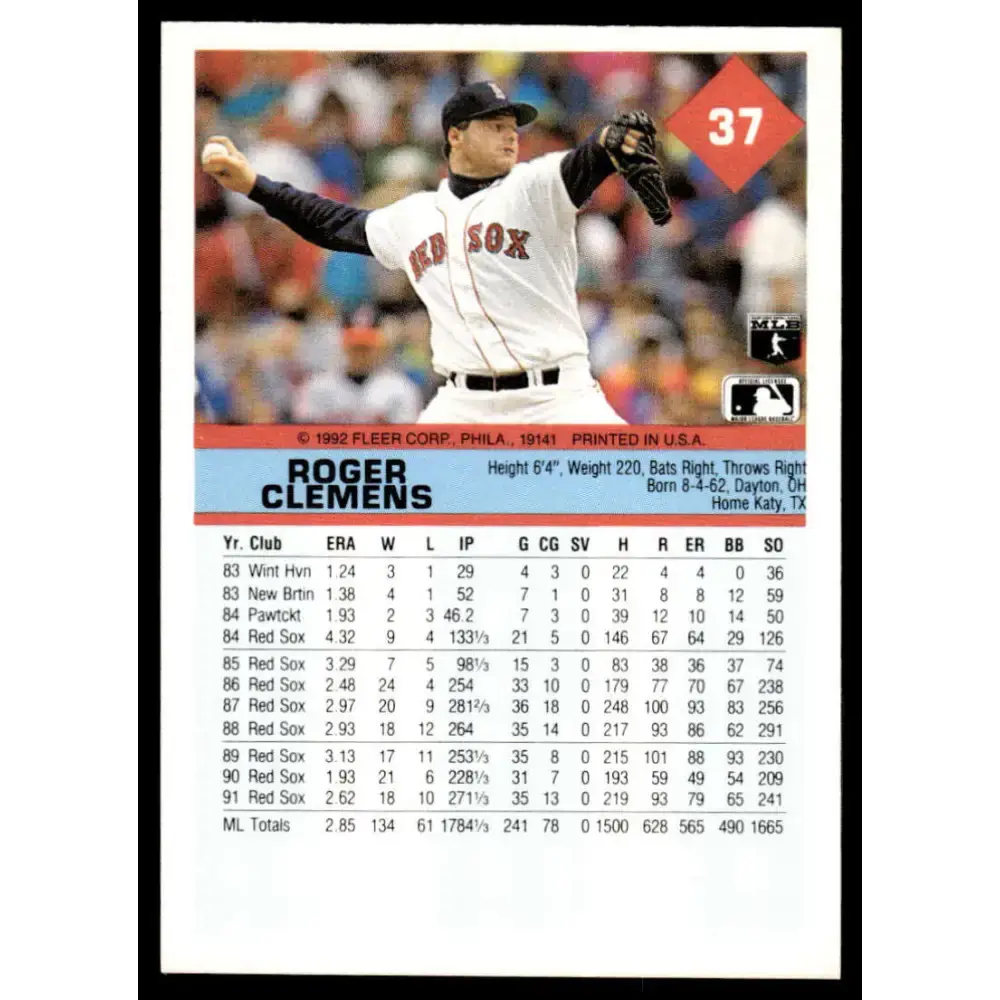 1992 Fleer #37 Roger Clemens EX/NM Boston Red Sox Baseball Card - Baseball Card Single