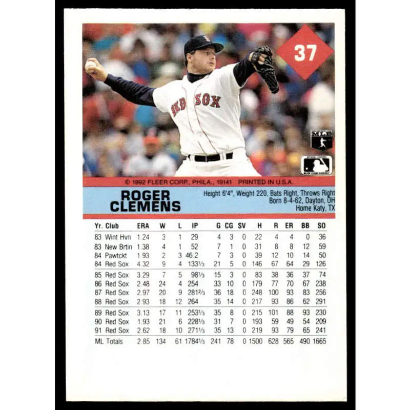 1992 Fleer #37 Roger Clemens EX/NM Boston Red Sox Baseball Card - Baseball Card Single
