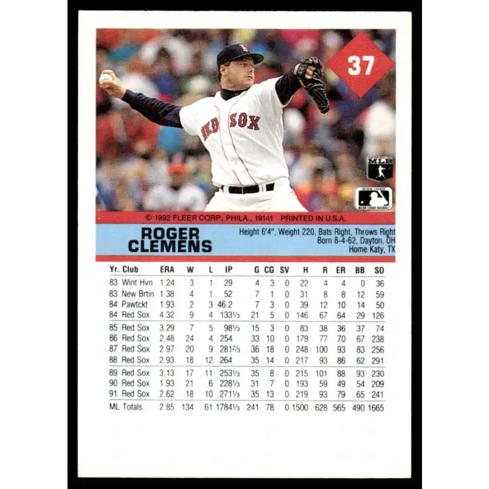 1992 Fleer #37 Roger Clemens EX/NM Boston Red Sox Baseball Card - Baseball Card Single