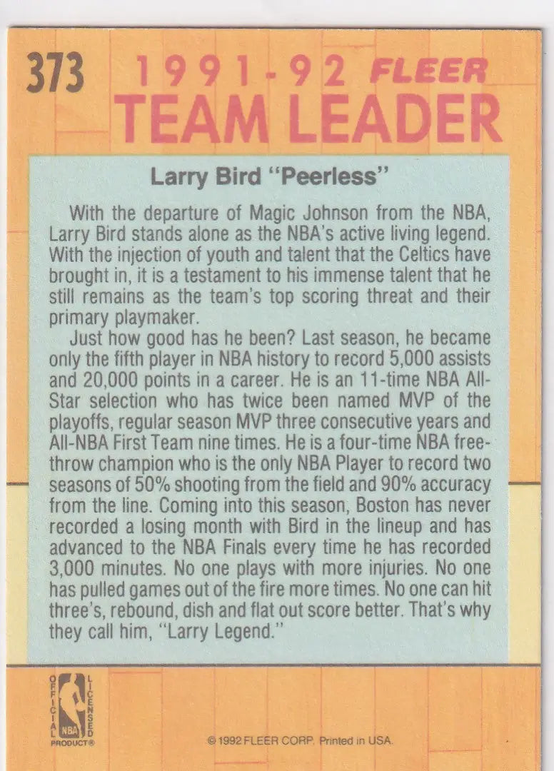 1992 FLEER #373 LARRY BIRD TEAM LEADERS- BOSTON CELTICS - Basketball Card Single
