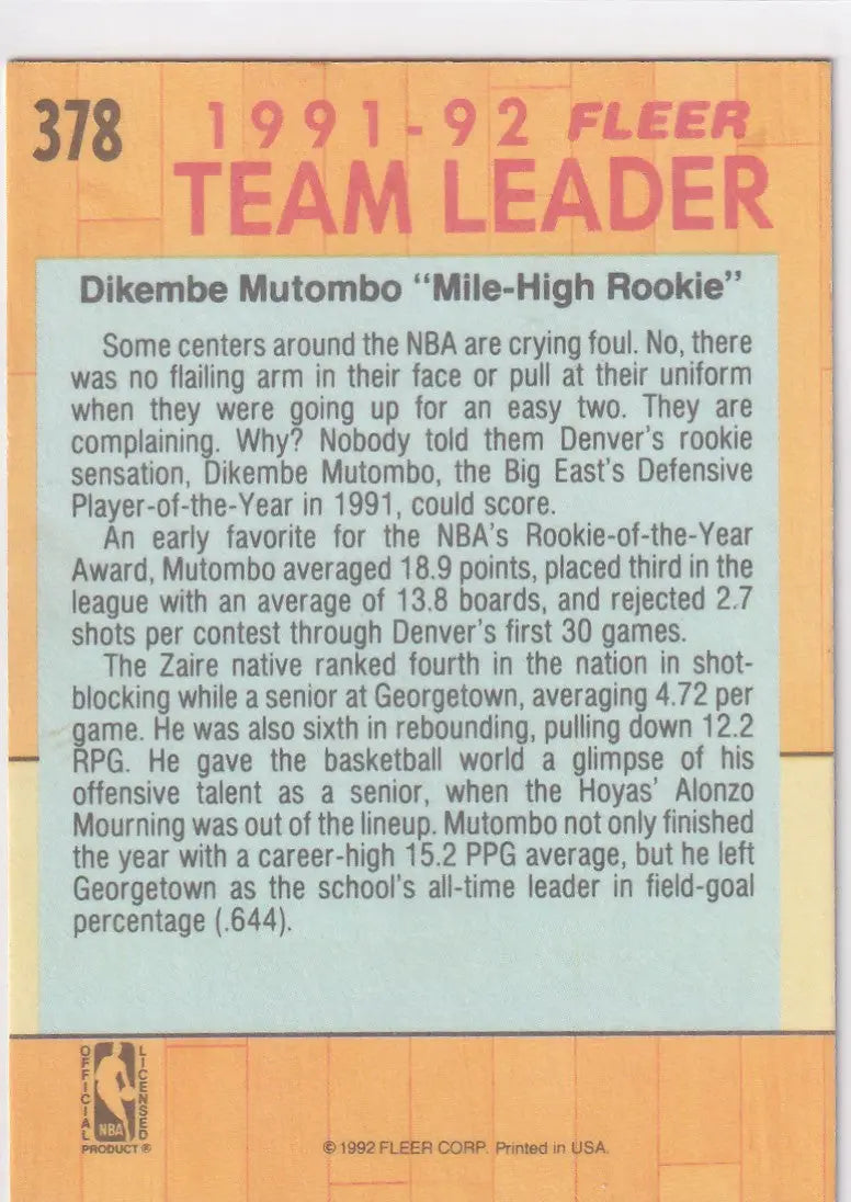 1992 FLEER #378 DIKEMBE MUTOMBO TEAM LEADER- DENVER NUGGETS - Basketball Card Single