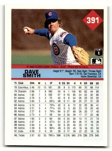 Baseball card back with original gloss from 1992 Fleer Dave Smith Chicago Cubs