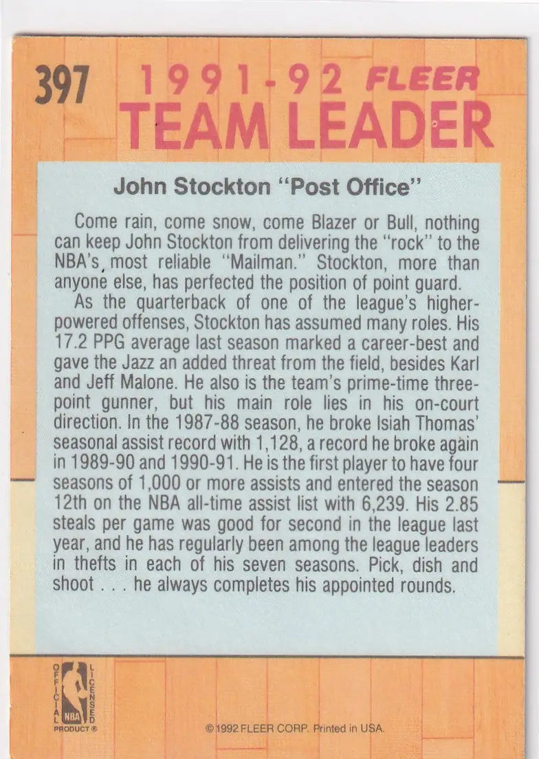 1992 FLEER #397 JOHN STOCKTON TEAM LEADER- UTAH JAZZ - Basketball Card Single
