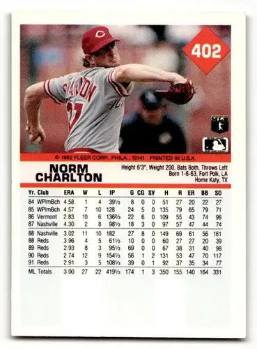 Norm Charlton Cincinnati Reds baseball card from 1992 Fleer series