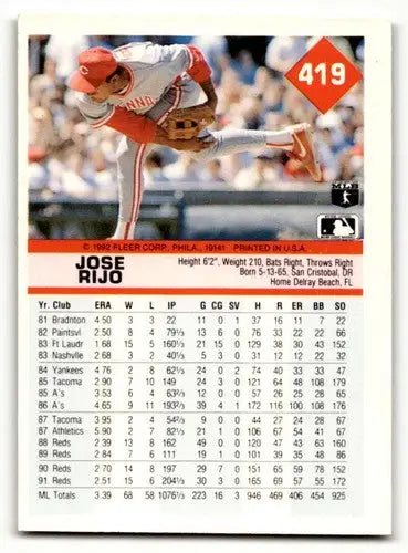 Original gloss Jose Rijo Cincinnati baseball card from 1992 Fleer #419 Rijo Cincinnati Reds