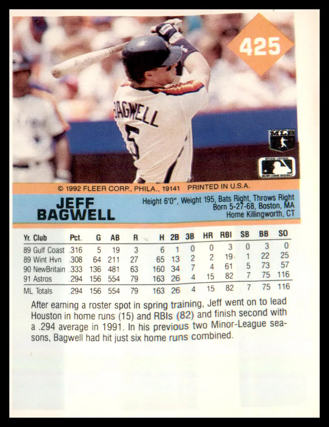 1992 Fleer #425 Jeff Bagwell - Baseball Card Single