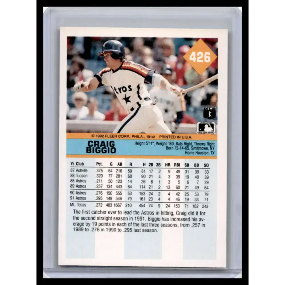 1992 Fleer #426 Craig Biggio NM-MT Houston Astros Baseball Card - Baseball Card Single