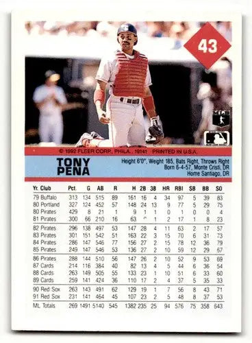 Original gloss Tony Pena Boston baseball card from 1992 Fleer in near mint condition