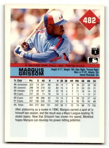 1992 Fleer #482 Marquis Grissom Montreal Expos Baseball Cards NM Nea ID:64351 - Baseball Card Single