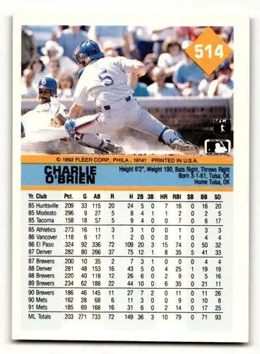 Original gloss 1992 Fleer Charlie O’Brien Mets baseball card displayed in Mets baseball cards collection