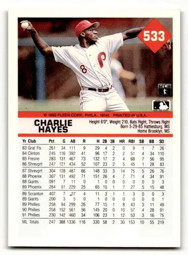 Original gloss 1992 Fleer Charlie Hayes Philadelphia Phillies baseball card front view