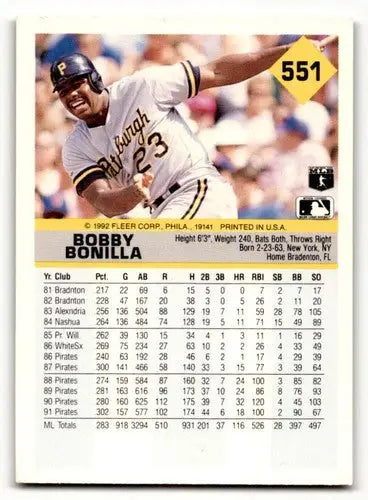 1992 Fleer #551 Bobby Bonilla Pittsburgh Pirates Baseball Cards EX/N ID:56080 - Baseball Card Single