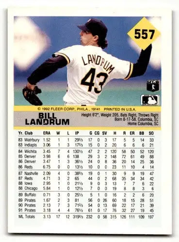 Original gloss baseball card of Bill Landrum Pittsburgh Pirates from 1992 Fleer series